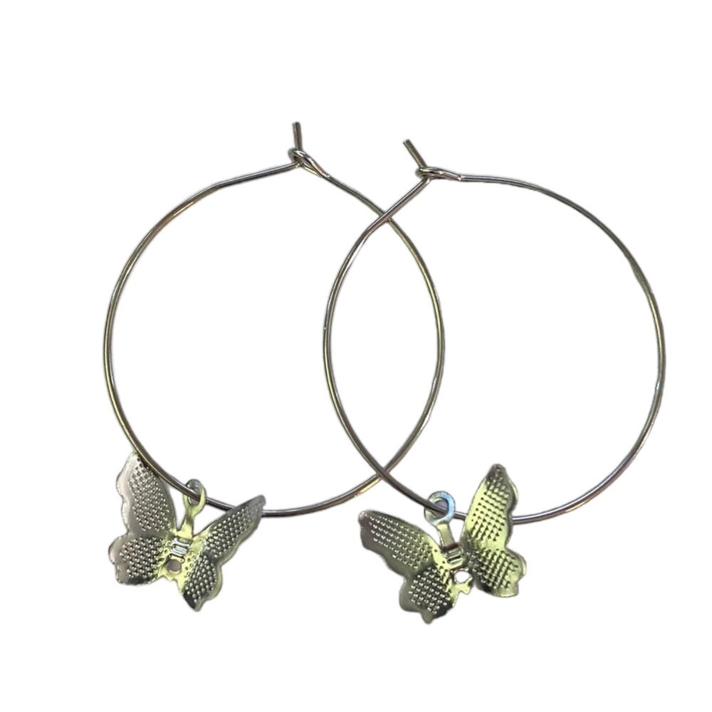 Silver Butterfly Hoop Dangle Earrings NEW